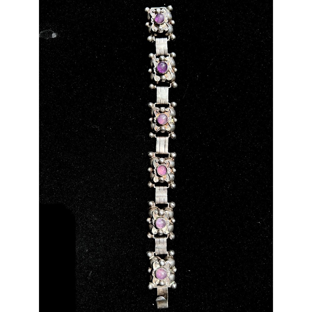 VTG 1930's Mexican SS Purple Amethyst Orbit Panel Cabochon Link Bracelet 7.5"